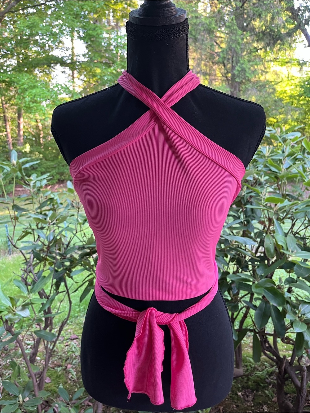 Hot Pink Ribbed Crisscross Halter Tie-Back Crop Top